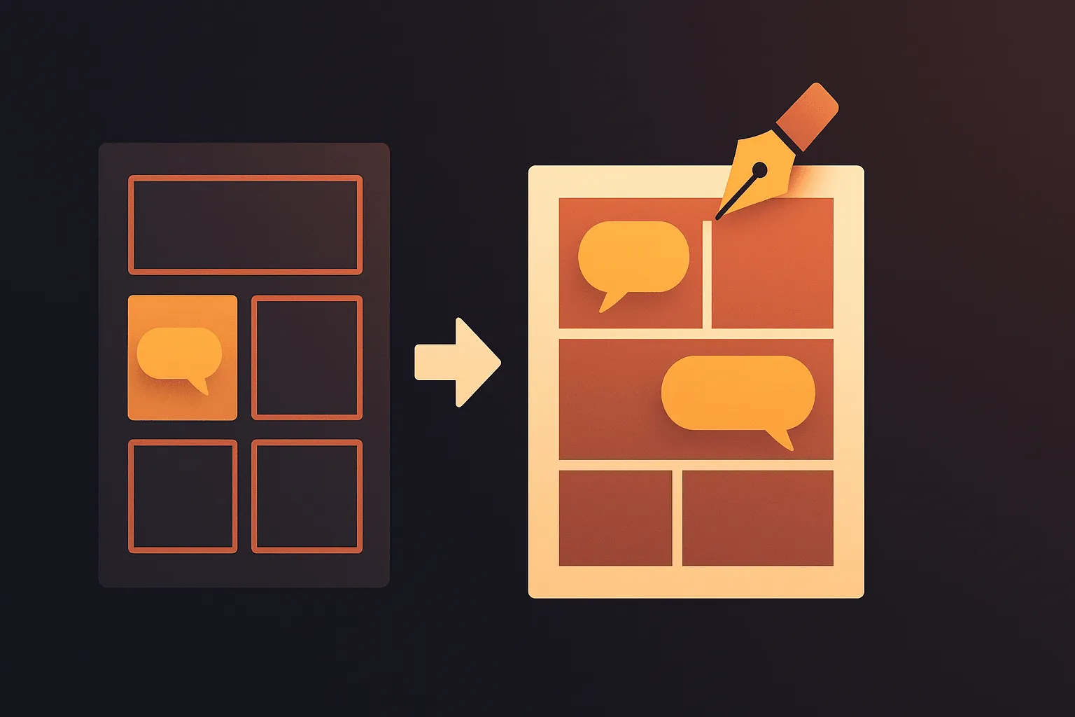 Storyboard transforming into a comic page with speech bubbles