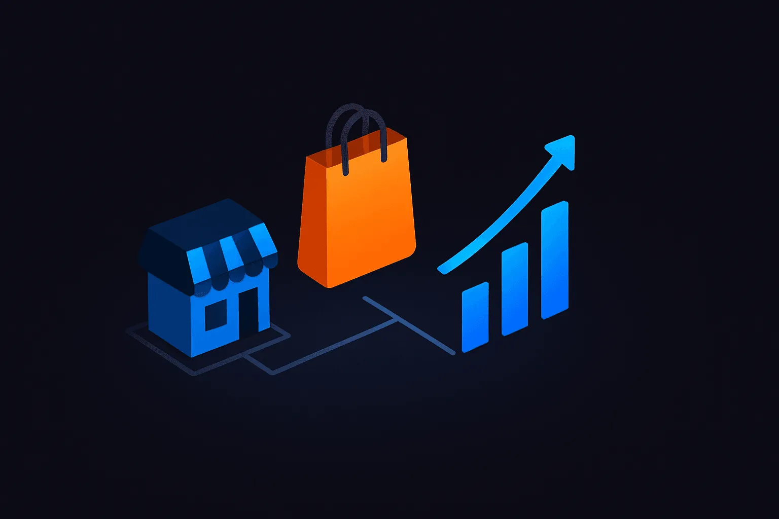 Storefront, shopping bag, and analytics chart in a minimal composition