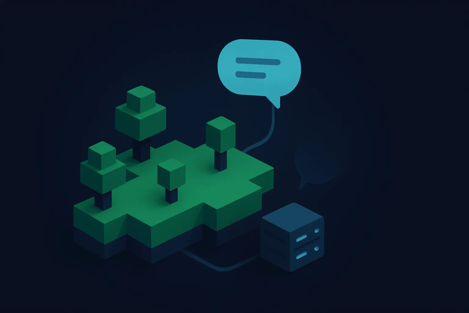 Isometric voxel landscape with server and chat bubble