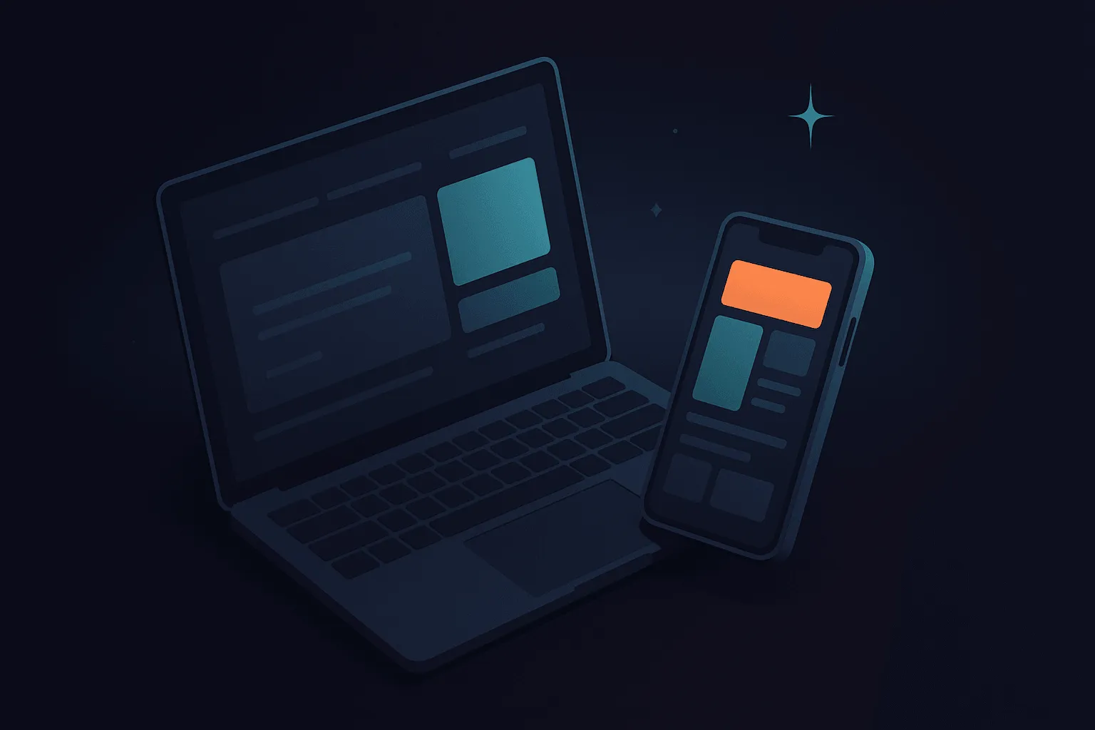 Isometric laptop and phone with abstract portfolio UI