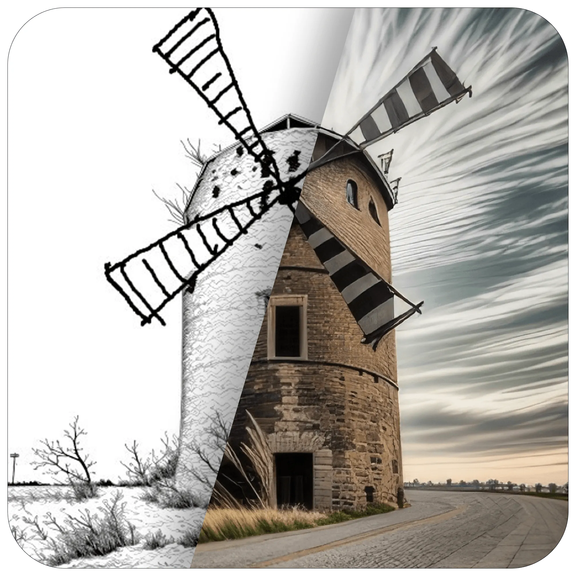 Split view: left sketch, right photorealistic windmill — before/after result
